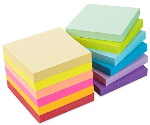 12 Stück Haftnotizen 76x76mm Super Sticky Notes selbstklebende Haftnotizzettel Sticky Notes Klebezettel bunt zettel farbig Notizblöcke für Büro Haus, 1200 Blatt insgesamt, 12 Farben