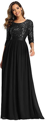 Ever-Pretty Women's Elegant 3/4 Sleeves Sequin Empire Waist A Line Chiffon Mother of The Bride Dresses Black 24UK