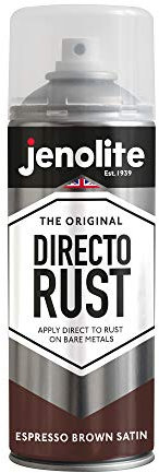 JENOLITE DIRECTORUST Pintura en aerosol satinada | MARRÓN EXPRESO | 400ml | Pintura multisuperficie todo en uno: metal, madera, plástico | Aplicar directamente sobre el óxido | RAL 8017