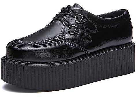 RoseG Women's Creepers Leather Oxfords Lace Up Flat Goth Platform Shoes Black Size9
