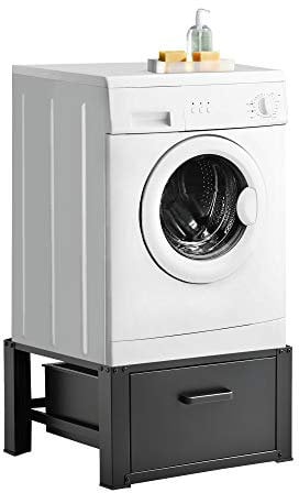 [en.casa] Waschmaschinen Untergestell Comfortixx mit Schublade Waschmaschinen-Unterschrank 63 x 54 x 31 cm Podest bis 150 kg gummierte Füße Stahl Schwarz