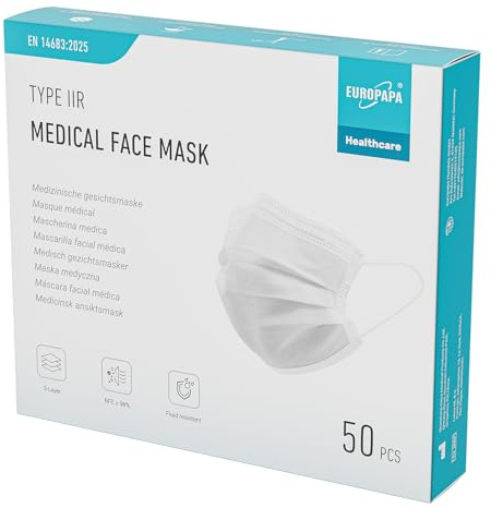EUROPAPA® Weiss Medizinisch Type IIR Norm EN14683 TÜV CE zertifizierte Mundschutzmasken OP Masken 3-lagig Mundschutz Gesichtsmaske Einwegmaske BFE ≥ 98%, 1 Box (50 Stück)