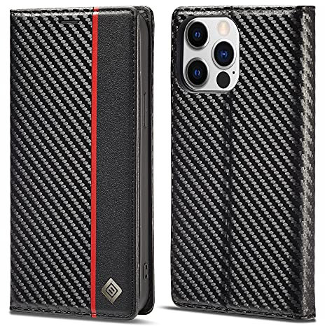 ZTOFERA Compatible with iPhone 13 Pro Max Wallet Case, Premium PU Leather Flip Case with Card Holder Magnetic Closure Carbon Fiber Protective Phone Case for iPhone 13 Pro Max, Vertical Red Line