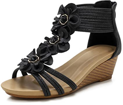 FRALOSHA Sandalen damen keilsandalen sommer offene Zehen lässig mit absatz Strandsandalen plateau sommerschuhe schwarz 42 EU