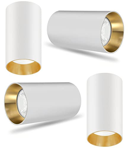 Maclean MCE458 Deckenaufbauleuchte 4-er Pack mit GU10 Fassung für LED & Halogen Leuchtmittel bis 35W 55x100mm Aufputz Aufbauleuchten Aluminium (4 Stück inkl. Leuchtmittel, Weiß/Goldener Reflektor)