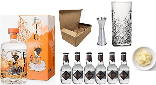 KIT JAPANESE GIN & TONIC Etsu Double Orange Gin + Yuzu Tonic Water + Bicchiere Tumbler Alto + Jigger Professionale + Zenzero fresco a fette ideale per l'abbinamento !