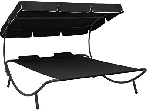 Gecheer Garten Sonnenliege mit Sonnendach und Kissen Doppel-Lounge-Bett Doppelliege Doppelbett Outdoor Gartenliege Liegestuhl Freizeitliege Relaxliege Strandliege Gartenmöbel, Schwarz