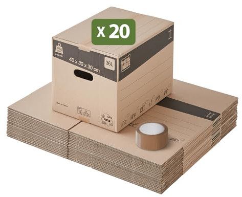 Pack and Move - Lot 20 cartons déménagement stockage livres - 40 x 30 x 30 cm - Poignées renforcées - 1 adhésif offert