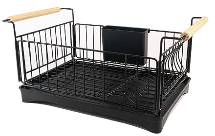 INTIRILIFE Geschirr Abtropfgestell aus Edelstahl mit Abtropfschale in Schwarz - 50 x 29 x 23.5 cm - Geschirrkorb mit Holzgriffen, Besteckkasten, Wasserauffangschale mit Auslauf