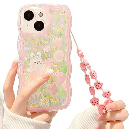 NITITOP Compatible for iPhone 13 Case, Cute Clear Cartoon Floral Rabbit with Heart Beaded Lanyard Wrist Strap for Women Girly, Soft TPU Full Protective Cover- Flower Rabbit
