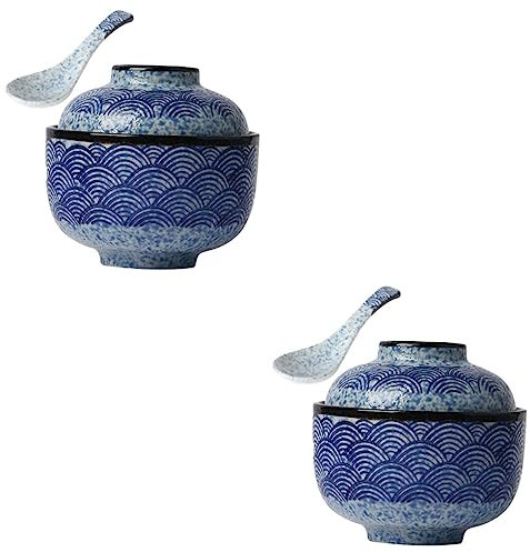 DOITOOL 2-Piece Ceramic Japanese Style Microwavable Bowls with Lids - Miso Soup, Ramen, Dessert & Salad Bowl Set