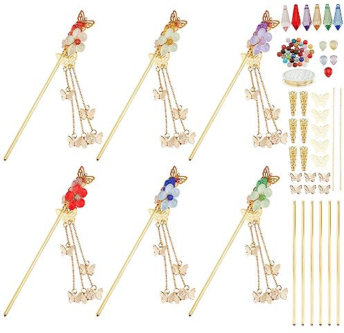 WEBEEDY 6 Ensembles DIY Bâton à Cheveux Papillon Faites Votre Propre Pince à Cheveux Épingles à Cheveux Élégantes Épingles à Chignon Épingle à Cheveux de Style Chinois Accessoires