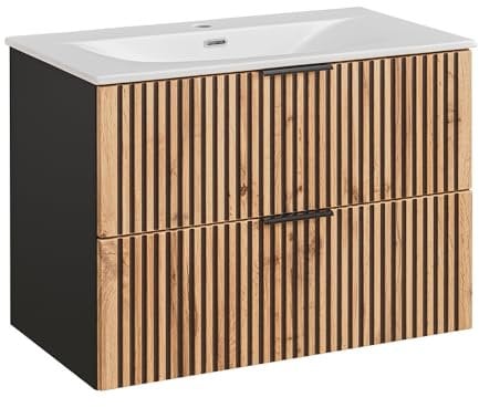 Lomadox Waschtisch 81 cm Badezimmer Unterschrank 2 Schubladen Waschtischunterschrank Waschbecken anthrazit mit Eiche Nb. schwarz gerillt 81x58,5x46 cm (BxHxT)