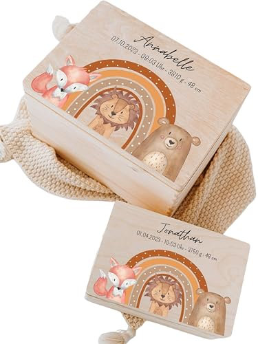 wunderwunsch® - Personalisierte Erinnerungsbox Baby mit Spezial-Druck - Baby Erinnerungsbox - Erinnerungskiste aus Holz - Geschenk zur Geburt (Tiere Regenbogen, S | 30 x 20 x 14 cm)