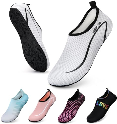 Swim Water Shoes Aqua Socks Barefoot for Sea Beach Swimming Shoes Pool Ladies Women Mens White Line 11/11.5 UK