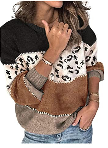 HEYPORK Damen Winter Warm Bequem Pullover Casual Mode Strickjacke Strickpullover Frauen Persönlichkeit Leopardenmuster Spleißen Mode Strickpullover Pullover(H Braun, S)