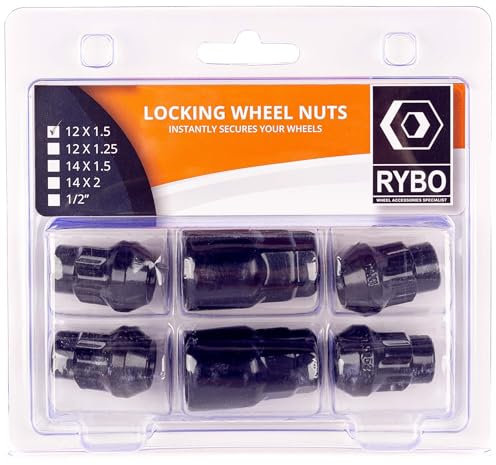 RYBO Set of 4 Black Alloy Wheel Locking Nuts, M12 x 1.5 (2 Locking Keys)