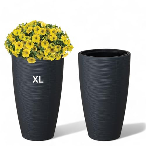 MELTOM Blumentopf Pflanzkübel Rund Hoch 48 cm Anthrazit mit Pflanzeinsatz | Ø 29 cm oben, 24 L, herausnehmbarer Einsatz 5,5 L mit Griffen, feines 3D-Wellenrelief, ohne Abflussloch, für innen