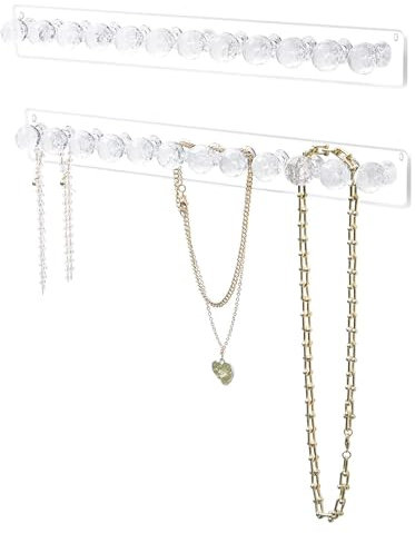 Yitaocity 2 Pack Necklace Holder Organizer with 12 Hooks, Acrylic Necklace Hanger Wall Mount, Jewelry Hooks for Necklaces, Bracelets, Chains, Earrings, Rings, Keys (Clear)