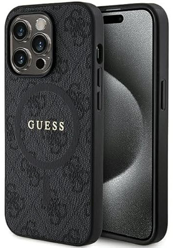 Guess GUHMP15LG4GFRK Hülle für iPhone 15 Pro 6.1 Schwarz hardcase 4G Collection Leather Metal Logo
