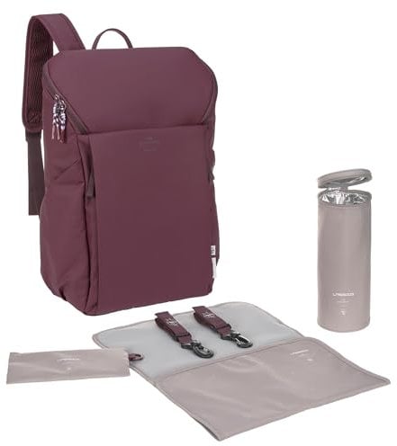 LÄSSIG Mochila con cambiador, enganche para cochecito y portabiberón/GRE Slender Up Backpack deep red