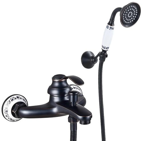 HomeLava Badewannenarmatur Schwarz mit Keramik Handbrause, Mischbatterie Badewanne mit Brause Aufputz Wasserhahn Nostalgie für Badezimmer Wannenarmatur Wandmontage