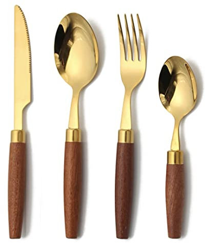 Ensemble d'argenterie 32 pièces pour 8 personnes, ensemble de couverts en acier inoxydable, comprenant un ensemble de couteaux, fourchette, cuillère, manche en bois poli miroir, passe au lave-vaissel