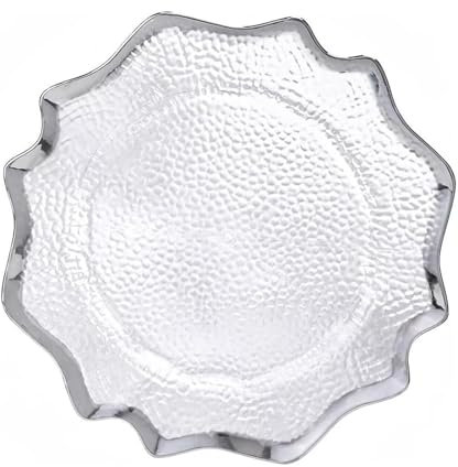 Plato XL de cristal transparente de 33 cm con borde plateado (4), 1 platillo decorativo, plato para servir para bodas, bautizos, cumpleaños, Navidad y fiestas, reutilizable