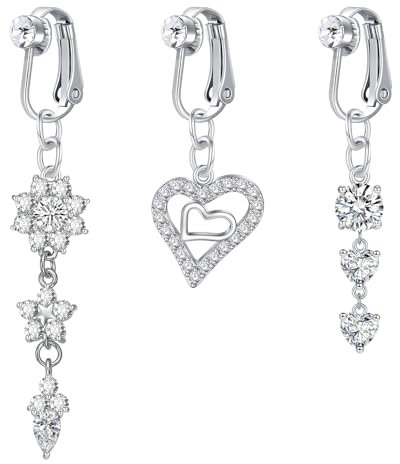 NIUSIMAN Fake Bauchnabelpiercing Silber Herz Clip Lang 3 Stück Chirurgenstahl Schmetterling Nabel Non Piercing