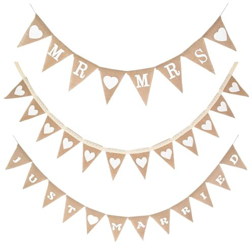 Hochzeitsdeko Wimpelkette Girlande, Just Married Girlande Hochzeitsdeko Vintage Herz Hessischen Girlande Mr Mrs Jute Bunting Banner für Hochzeit Braut Verlobung Dekoration