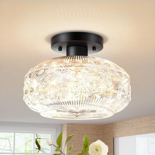 APOTO Semi Flush Ceiling Lights, Black Globe Glass Shade Modern Ceiling Lighting, Kitchen Hallway Bathroom Bedroom Lights Ceiling, Indoor Light Fittings Ceilings for Hall, Bulb Not Included