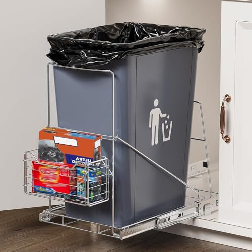 Pull Out Trash Can Under Cabinet Slider, Under Cabinet Garbage Can Pull Out with Garbage Bag Holder, Under Sink Trash Can Pull Out for 7-11 Gallon Garbage Cans, Up to 100 lb (Not Include Trash Can)
