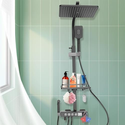Duschsystem mit Thermostat und Ablage, Edelstahl Quadratisch Duscharmatur Komplettset mit Regendusche 29.5X19.5cm & Handbrause & Unterer Auslauf, 4 Strahlarten, LED-Anzeige, Schwarz
