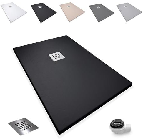 Plato de Ducha Antideslizante 90x110cm - Plato Ducha Resina Resistente a Agentes Químicos - Plato Ducha Antibacteriano - Incluye Rejilla Desagüe Ducha y Válvula Sifón Plato Ducha - Color Negro