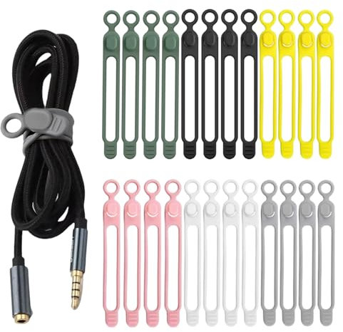 24 Pcs Silicone Cable Ties, Rubber Cable Ties Reusable Cable Ties Cable Tidy Cable Organiser for Earphone Phone Charger Audio Cable Computer (Multicolour)
