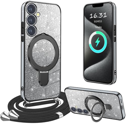 XCYYOO Coque avec Cordon pour Samsung Galaxy A55 5G avec Support,Protection Transparente Crystal Glitter Sequins Silicone avec Collier Antichoc Étui pour Samsung A55 5G Housse,Noir