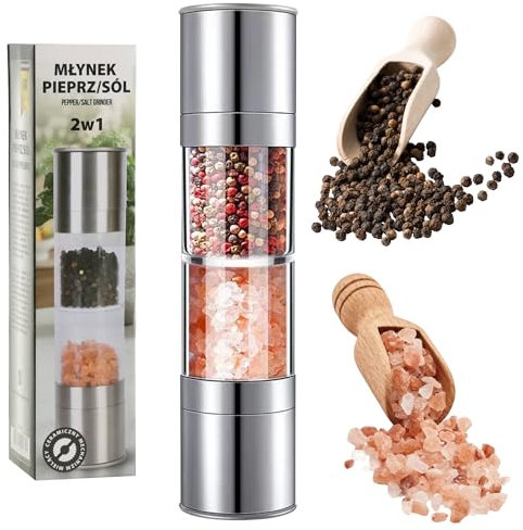 KARL HAUSMANN Moulin 2 en 1 Manuel - 20 cm - Moulin Double à Sel et Poivre - Acier Inoxydable & Verre Acrylique - Broyeur Céramique pour Poivre en Grain - Saliere Poivriere 2 en 1