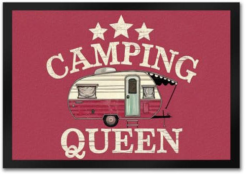 speecheese Camping Queen Wohnwagen Fußmatte in 35x50 cm mit pinkem Hintergrund Vintage-Stil Illustration von Campinganhänger unter Markise und Sternen