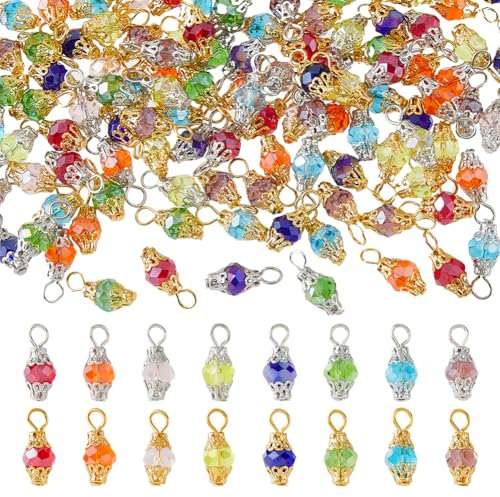 Hobbspring 40 ensemble de 16 breloques Pendantes en Cristal Colorées Pendentifs en Verre Coloré Breloque en Forme de Goutte de Verre avec Capuchon de Perle Doré et Platine pour la Fabrication Bijoux