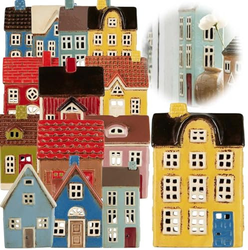LS-LebenStil Teelichthaus Lichthaus 20cm Gelb Blau Keramik Fachwerkhaus Nyhavn Teelichthalter Windlichthalter Kerzenständer Teelichtständer Windlicht für Teelichter Lichterhaus Fachwerkhaus