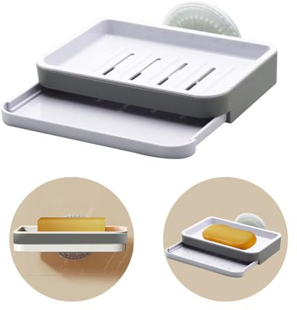 Suction Soap Dishes for Bathroom, Wall Mounted Soap Holder Bar for Shower, Drill-Free, Removable Plastic Soap Case with Drainage, Sponge Holder(White)