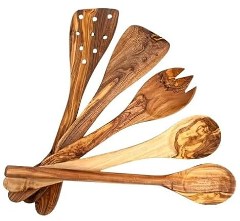EMNA - Juego de utensilios de cocina de madera de olivo de 5 piezas aprox. 30 cm, cuchara de cocina de madera de olivo, espátula plana y espátula ranurada, cubiertos para ensalada, para los amantes de
