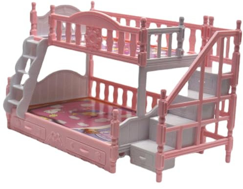 ifundom Simulationsbett Mini- Miniaturpuppen Bettmodell Miniaturhaus Puppenhausmöbel stockbett bunk Bed Dollhouse playmobile Miniaturbett Miniatur-Etagenbett Plastik Rosa