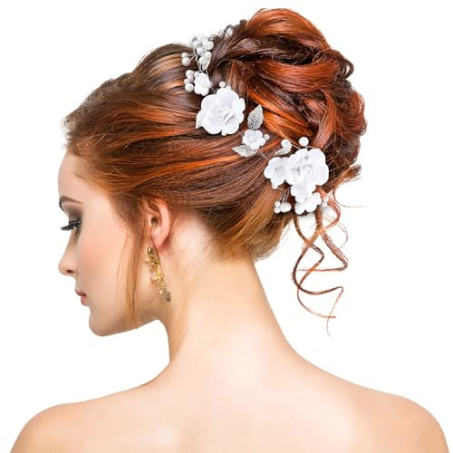 ElevateTech Flower Bride Wedding Hair Vine Flower Bridal Hair Piece Pearl Bridal HairPiece Leaf HairAccessories for Women and Girls Silver