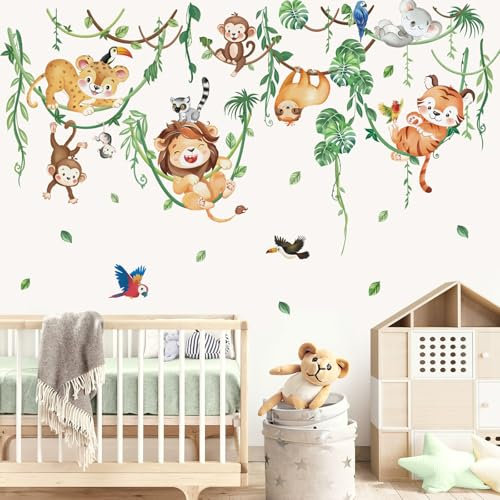 wondever Wandtattoo Dschungel Tiere Reben Wandaufkleber Tiere Löwe Affen Leopard Wandsticker Wanddeko für Kinderzimmer Junge Babyzimmer