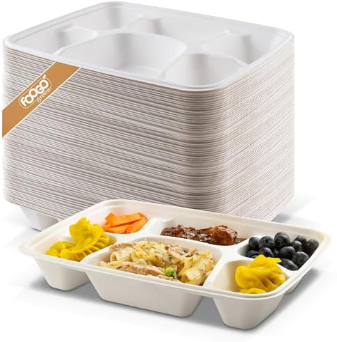 FOOGO Green 100pcs Large Disposable Plates with compartments, 11x8 inch 6 Deep Compartments, Sugarcane Bagasse Paper Trays, Divided Plates for Hot Food, Portion Control