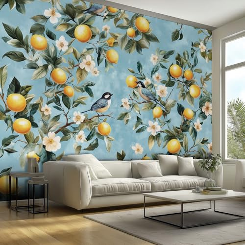 Generisch Fototapete Zitrone Vögel Weiße Blumen Tapeten Wandtapete Wanddeko Vintage Bauernhaus Blau Design, Wand Dekoration, für Büro Flur, 3D Effekt Foto Tapeten 300x210