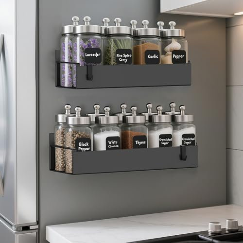OUUTMEE 2 Packs Magnetic Spice Racks for Refrigerator, Magnet Fridge Organizer with 2 Hooks, Magnet Spice Shelf for Cabinet Refrigerator, Hanging Spice Racks for Spice Jars and Seasonings (Black)