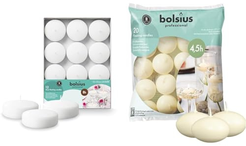 Bundle of Bolsius - Maxi Floating Candles - White - 12 Pieces - Ø 7.6 cm - Burning Time 8 Hours + Bolsius Floating Candle - Ivory - Bag of 20 - Burning Time of 4 Hours - 3 x 4.5 cm