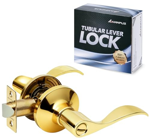 ANNFUZ Gold Privacy Door Handle Without Key,Interior Door Lever with Emergency Access,Reversible keyless Lever for Right & Left Side,Perfect for Bathroom,Bedroom,Restroom(Privacy, Gold)